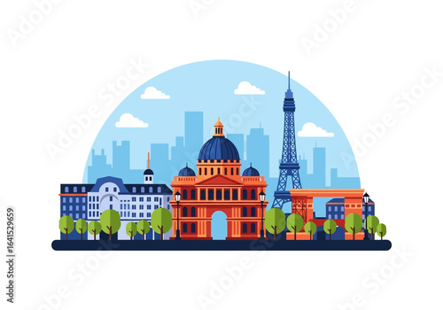 flat style picturesque illustration of Paris cityscape showcasing the Eiffel Tower and other iconic landmarks against a bright sky. Perfect for France and travel-related projects