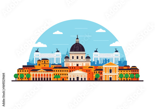 flat style picturesque illustration of Rome cityscape showcasing famous historical landmarks and classic architecture against a bright sky. Perfect for Italy and travel themes