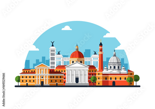 flat style picturesque illustration of Rome cityscape showcasing famous historical landmarks and classic architecture against a bright sky. Perfect for Italy and travel themes