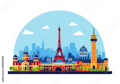 flat style picturesque illustration of Paris cityscape showcasing the Eiffel Tower and other iconic landmarks against a bright sky. Perfect for France and travel-related projects