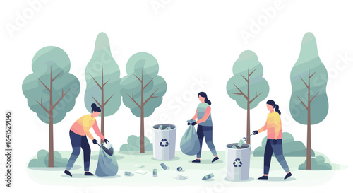 Volunteers Cleaning Park Collecting Trash, Eco-Friendly Activity, Environmental Protection, Vector Illustration 