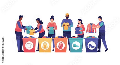 Volunteers sorting clothes donations into bins at a charity event, community service, colorful scene