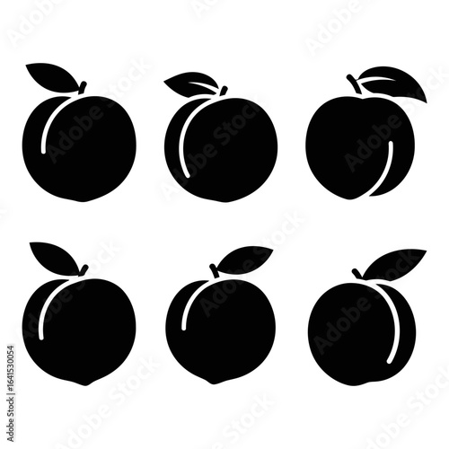 Vector art of six stylized peach icons isolated on white background