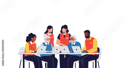Group of people learning computers together in a classroom setting with white background