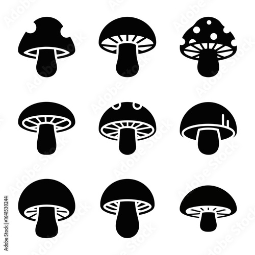 Vector art of various black mushroom icons isolated on white background