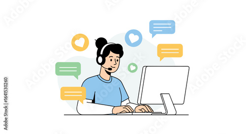 Female customer support agent working on computer with headset, surrounded by chat bubbles, white background 