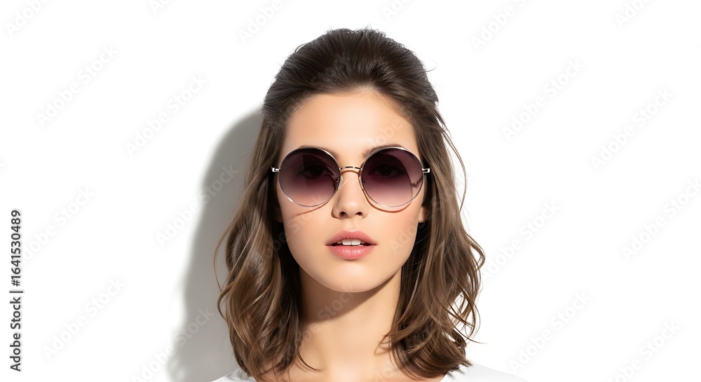 Fashionable Young Woman Wearing Trendy Round Gradient Sunglasses - Studio Portrait