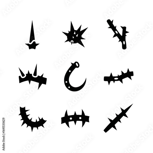 Vector art of assortment of nine sharp thorn and spike icons, isolated on white background