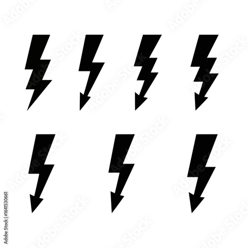 Vector art of set of eight black lightning bolt icons representing electricity and storms, isolated on white background