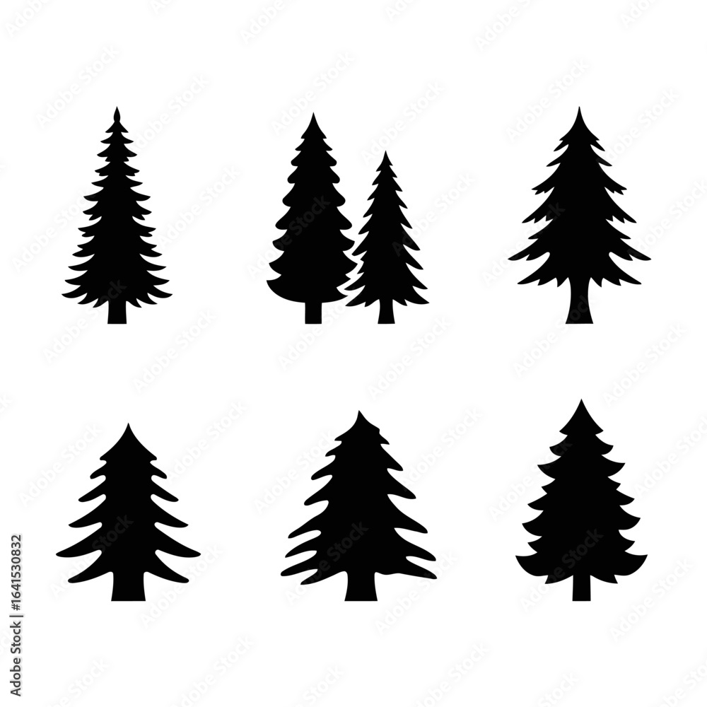 Obraz premium Vector art of six black silhouette icons of pine and fir trees in various shapes and sizes isolated on white background