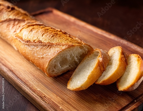 a baguette with a slice cut off is on a wooden board freshly baked bread food concept