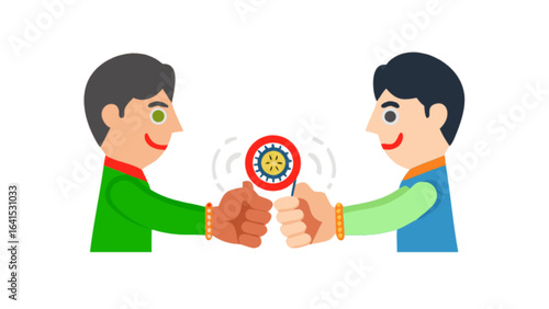 Two people holding a rattle toy with red and blue circle and yellow center on a white background image