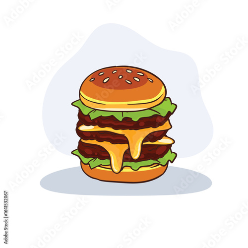 tasty triple cheeseburger with grilled patties lettuce and sesame bun food vector design in cartoon style