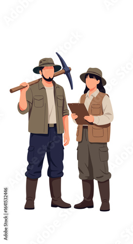 Two geologists dressed in outdoor gear examining rocks and soil together