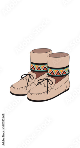 Traditional native american style moccasin boots with decorative geometric trim