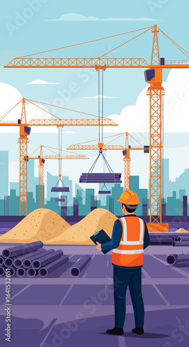 Construction site with cranes and worker overseeing materials movement