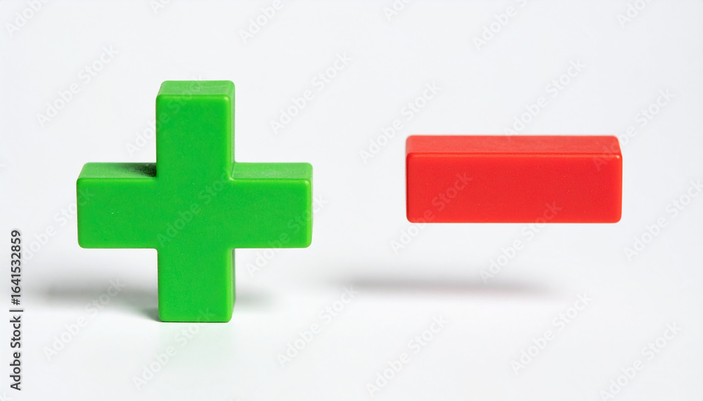 Fototapeta premium Bright green plus and red minus 3D icons. Minimalistic design. Isolated on white backdrop.