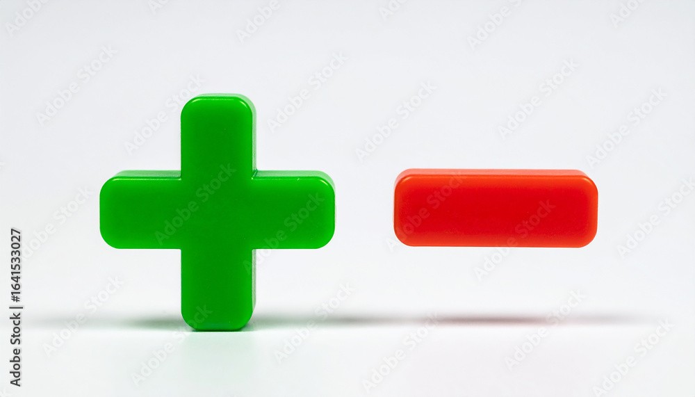 Obraz premium Bright green plus and red minus 3D icons. Minimalistic design. Isolated on white backdrop.