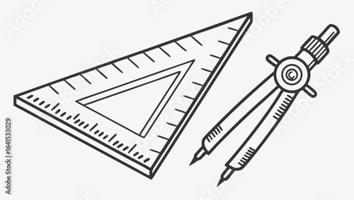 Illustration showing a triangle ruler with measurements and a compass for drawing circles tools