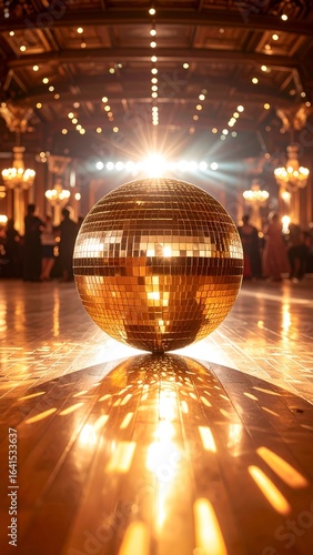 A golden disco ball in a grand ballroom, reflecting light
