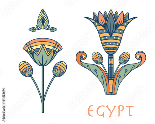 Egyptian floral colorful design element set isolated on white. Lotus flower, vector sign, symbol, logo illustration. Spirituality, occultism, chemistry, flower tattoo.