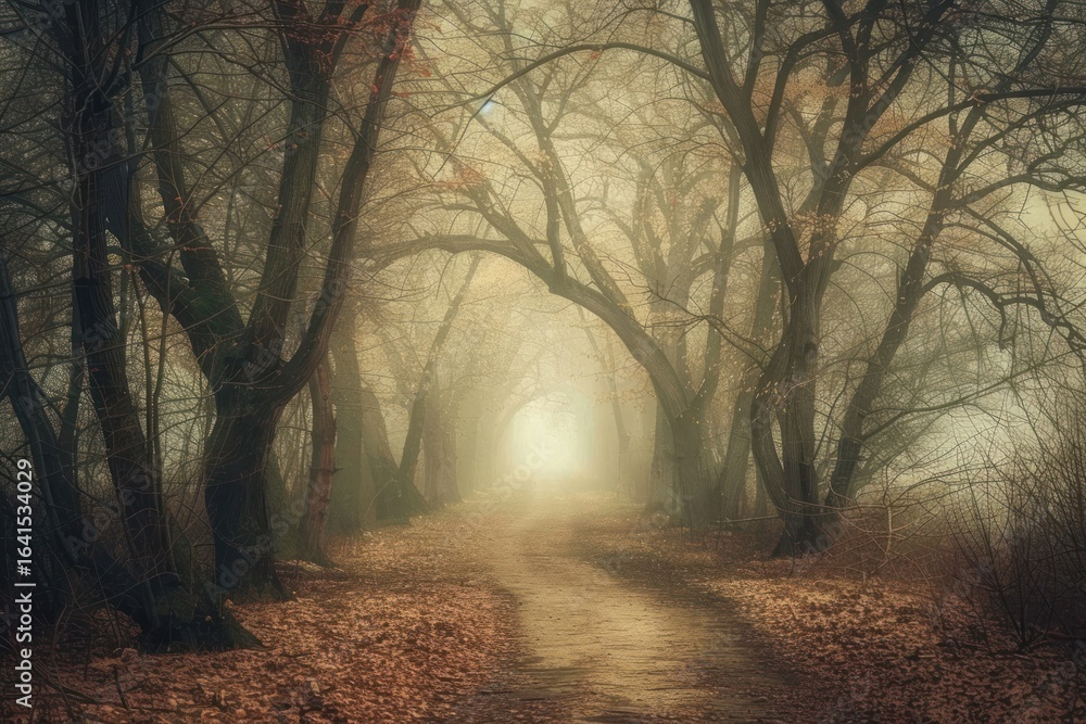 Obraz premium Scary forest path tree fog.