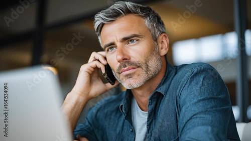 Thoughtful mature man with smartphone sitting at a table in a modern cafe during a casual business meeting