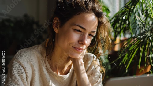 Young Woman Working from Home in Cozy Environment, Focused and Inspired, Natural Light, Creative Space
