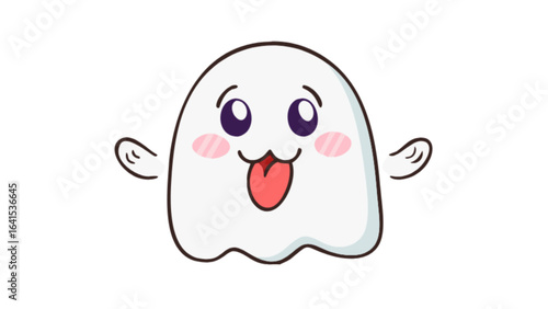 A cute cartoon ghost with rosy cheeks and tongue sticking out on a white background illustration
