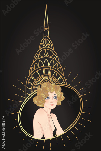 Art Deco vintage invitation template design with illustration of flapper girl...