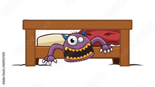 Cartoon purple monster with horns and claws hiding under a wooden bed with white and red pillows