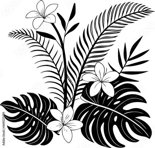 SVG of tropical fern plants.Black Silhouette of Tropical Leaves and Flowers Arrangement