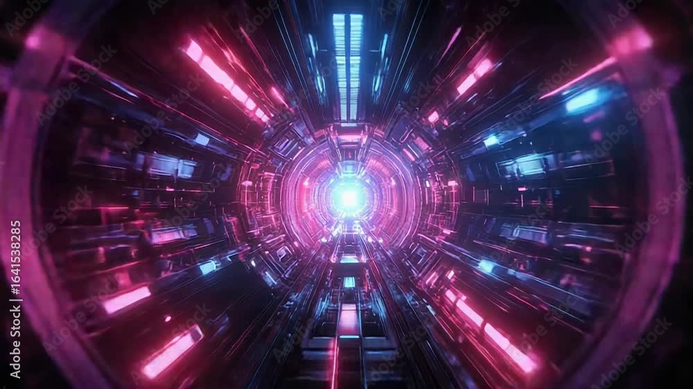 Futuristic tunnel with pink and blue neon lights leading to bright light