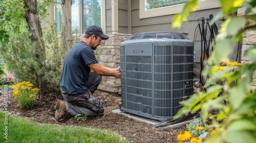 Professional technician is focused on servicing outdoor air conditioning unit at residential home. Man is wearing hat, work clothes, carefully checking system to ensure optimal function and comfort
