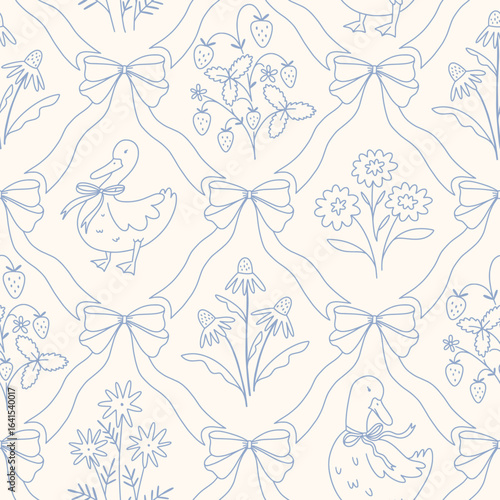Hand drawn floral ribbon bow seamless lattice pattern with a charming whimsical cottage core design. Soft blue pastel and nostalgic trellis print. Perfect for textiles and romantic vintage decor.
