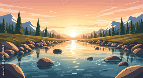 Serene river landscape at sunset with mountains and forest offering peace and tranquility to viewers