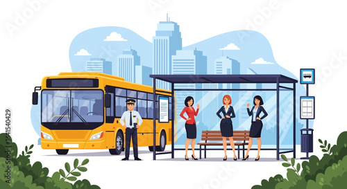 A flat illustration of a city bus stop with a yellow bus, bus driver, and passengers waiting under a shelter. The urban skyline in the background represents city life and commuting