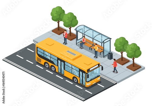 3D isometric illustration of a yellow city bus stopping at a bus stop with passengers waiting under a shelter and on the sidewalk, surrounded by trees