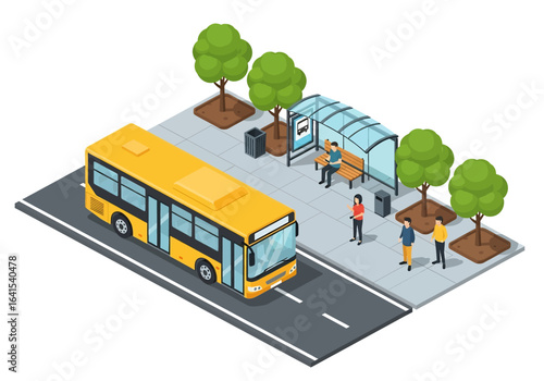 3D isometric illustration of a yellow city bus stopping at a bus stop with passengers waiting under a shelter and on the sidewalk, surrounded by trees