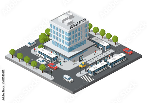 3D isometric illustration of a busy bus station with a modern terminal building, multiple buses parked at platforms, waiting passengers, cars, and surrounding trees