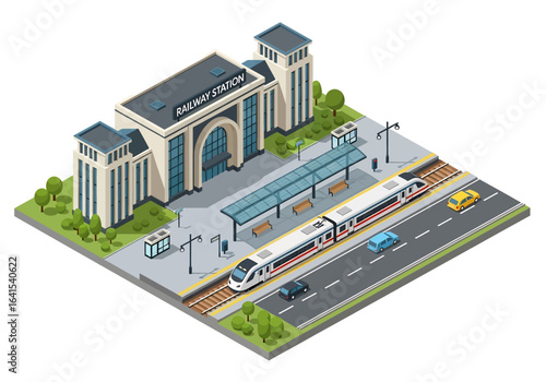 3D isometric illustration of a railway station with a modern building, platforms, a passenger train, cars on a nearby road, and surrounding greenery