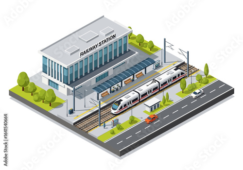 3D isometric illustration of a railway station with a modern building, platforms, a passenger train, cars on a nearby road, and surrounding greenery