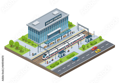 3D isometric illustration of a railway station with a modern building, platforms, a passenger train, cars on a nearby road, and surrounding greenery