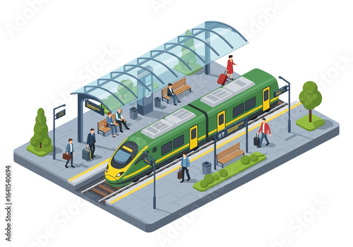 3D isometric illustration of a modern train station with a high-speed train arriving, passengers waiting on the platform with luggage, and station infrastructure