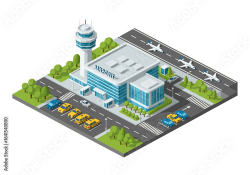 3D isometric illustration of a modern airport terminal with airplanes parked at gates and on the runway, along with a control tower, representing air travel and transportation