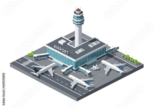 3D isometric illustration of a modern airport terminal with airplanes parked at gates and on the runway, along with a control tower, representing air travel and transportation
