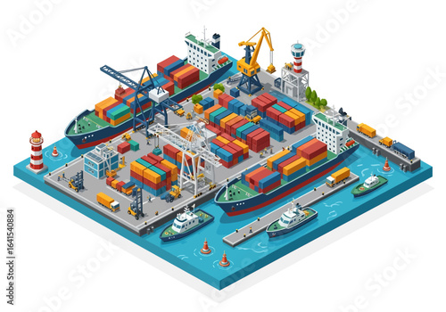 A 3D isometric illustration of a busy container port with cargo ships, cranes loading colorful containers, trucks, and service boats, depicting global trade and logistics