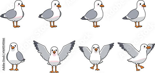 Cute cartoon seagull illustrations, different poses and expressions, flying bird, standing bird, animated sea bird, nature wildlife, ocean bird character, playful and fun design.