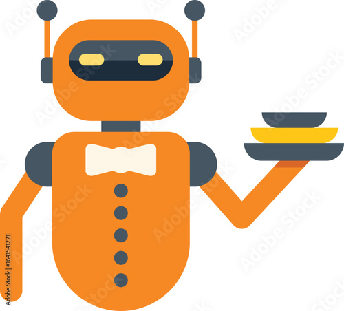 Orange robot waiter wearing a bow tie holding a tray with plates, artificial intelligence in the restaurant industry