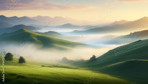gentle fog embraces distant hills serene landscape digital art soft atmosphere aesthetic vision